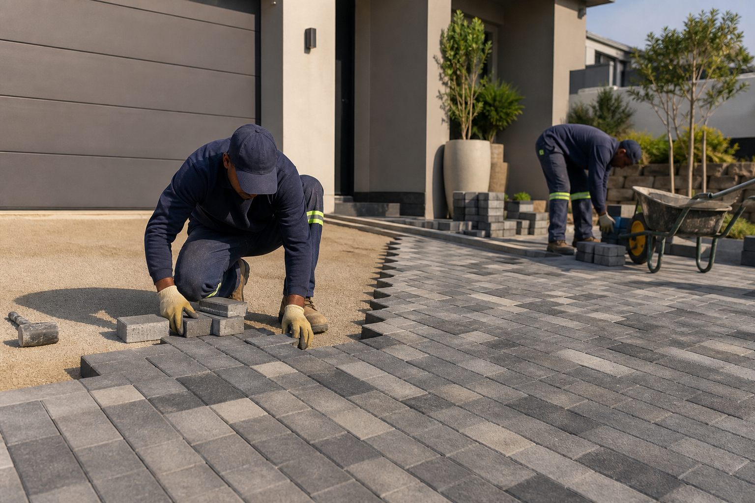 Professional paving team laying a residential driveway
