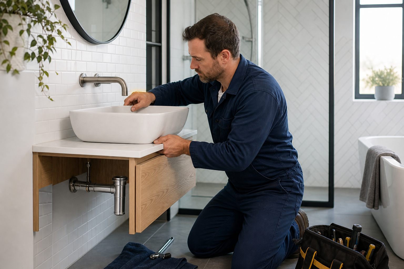 Professional plumber installing a bathroom basin fixture