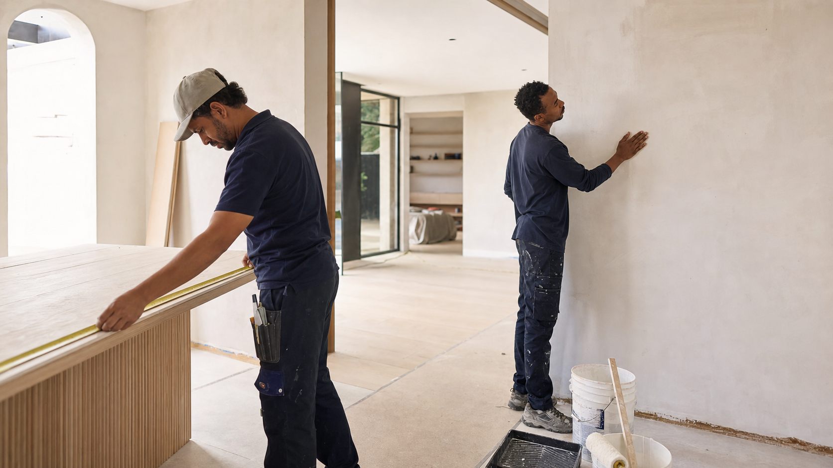 Tradespeople carefully measuring and preparing an interior renovation
