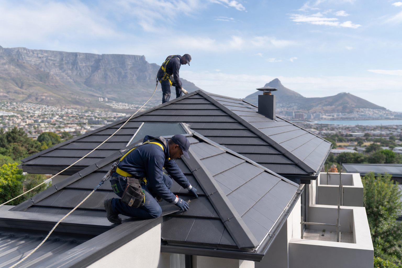 Roofing team safely inspecting a Cape Town residential roof